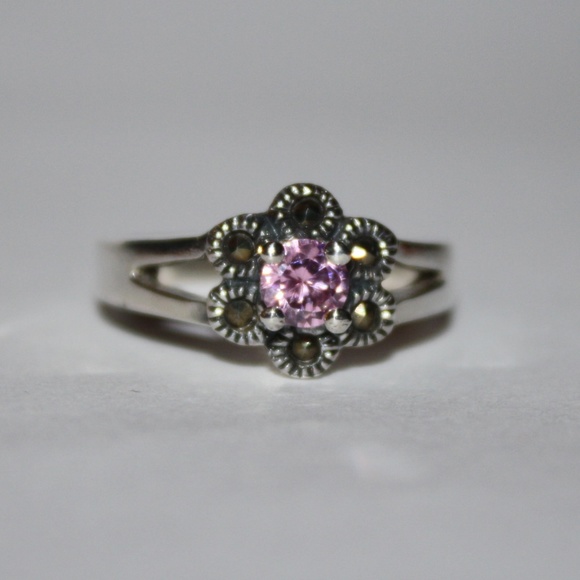 Jewelry - Pink Ice and Marcasite Sterling Flower Ring NWT